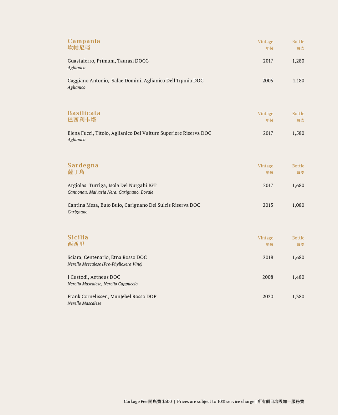 Aria Wine List